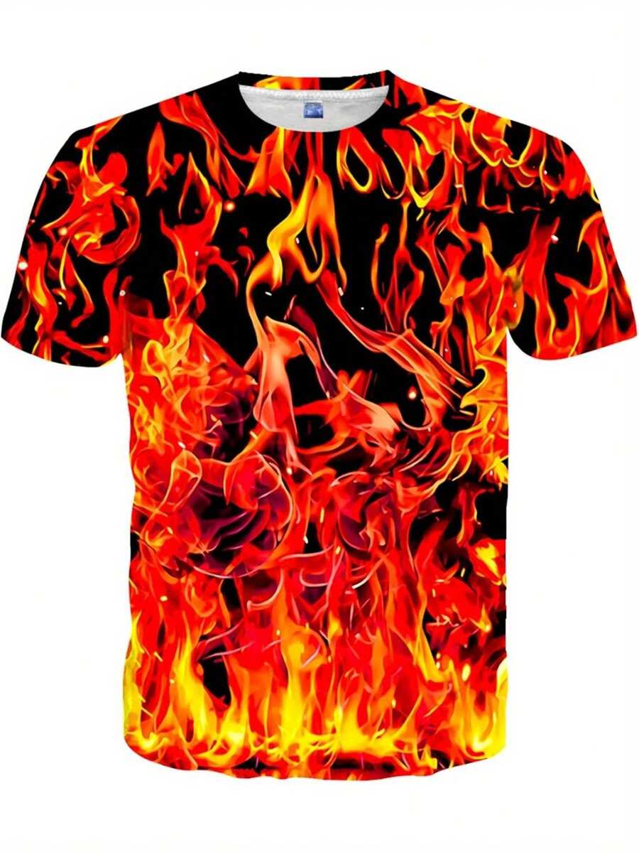 Camiseta de Hombre con Estampado de Llamas 360 - Suave, Transpirable, Diseño Artístico de Cuerpo Completo con Llamas Rojas y Naranjas Vibrantes, Camiseta Casual de Manga Corta y Cuello Redon - Negro - Ver 1