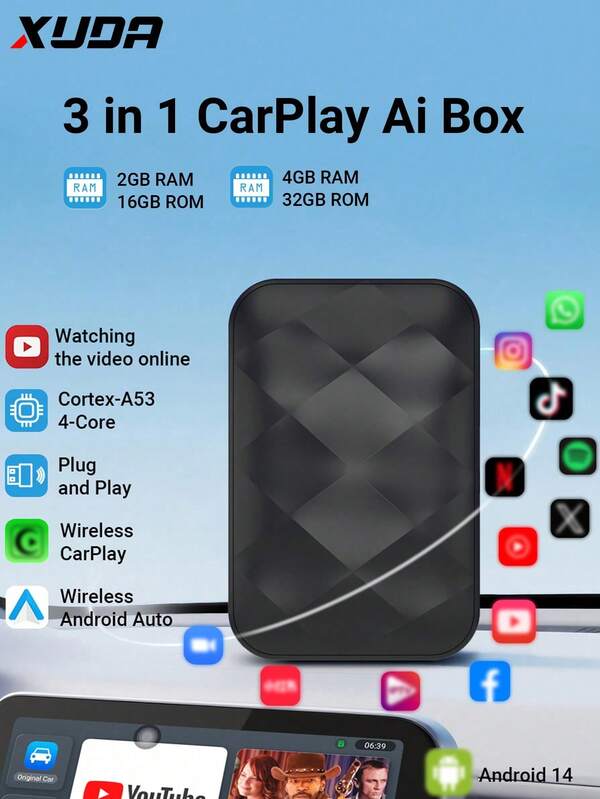 XUDA صندوق ذكي جديد بنظام أندرويد 14 لاسلكي CarPlay و Android Auto 3 في 1 رباعي النواة 2GB RAM+16GB ROM/4GB RAM+32GB ROM توصيل وتشغيل مباشر دعم التطبيقات المدمجة 98% من سيارات CarPlay السلكية الأصلية أو Android Auto السلكية