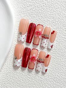 10Pcs Metallic Style Handmade Press On Nail,Polygel Nail Set,Water Droplets, Flowers, Red, White And Pink Nail Polish,Gentle And Refined Style,Includes Nail Tools,3 Sizes Available,Almond Nails , Duck Nails,Coffin Nails For Party, Dance, Daily Wear. - 彩色 - 查看 17