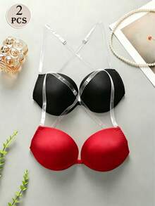 2pcs Women's Solid Color Bras, With Straps & Strapless Styles, Unlined Cups - Multicolor - View 1