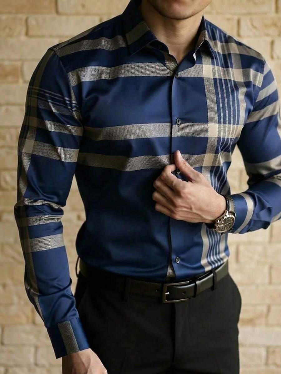 Men's Striped Long Sleeve Single-Breasted Casual Commuter Shirt