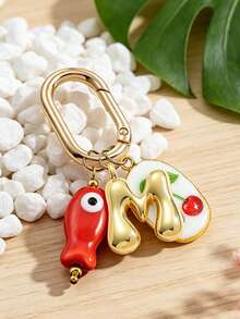 Spring Buckle Keychain, Letter Fish Cherry Keyring, Letter Bag Accessory, Metal Letter Pendant, 3D Puffy Gold Letter Bag Charm, Initial Bag Decoration, Letter Key Accessory, Fruit Theme Keychain, Beach Vacation Bag Charm, Daily Handbag Decoration, Gift Letter Keychain, Suitable For Women's Wallet, Bag, Car Accessory, Bag Charm, Campus Style Cute Gothic Y2K Style, Can Be Used As Mother's Day, Graduation Season, Teacher's Day Gift - Multicolor - View 4