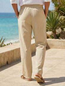 Men's Spring/Summer Thin Breathable Hip-Hop Linen Casual Lounge Sports Long Pants, Beach Straight Leg Hawaiian Solid Color Trousers - Khaki - View 5