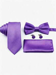 Set Dasi Pria 4 Buah, Modis, Serbaguna, Warna Polos, Terbuat dari Poliester, Terdiri dari Dasi Kupu-kupu, Sapu Tangan Saku, dan Manset, Cocok untuk Pernikahan, Perayaan, dan Pemakaian Sehari-hari - Purple - View 2