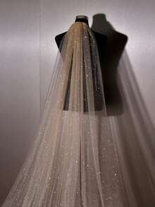 1pc Long Train Glitter Champagne Nude Bridal Veil With Metal Hair Comb, Church Wedding & Bridal Photography Accessory - Khaki - View 5