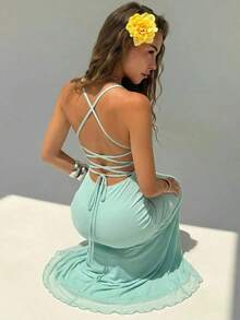 Elegant Women's Dress With Floral Print And Open Back, Summer Clothes, Beach Outfits For Women, Beach Vacation Clothes, Party Outfits, Bridesmaids - 薄荷綠 - 查看 3