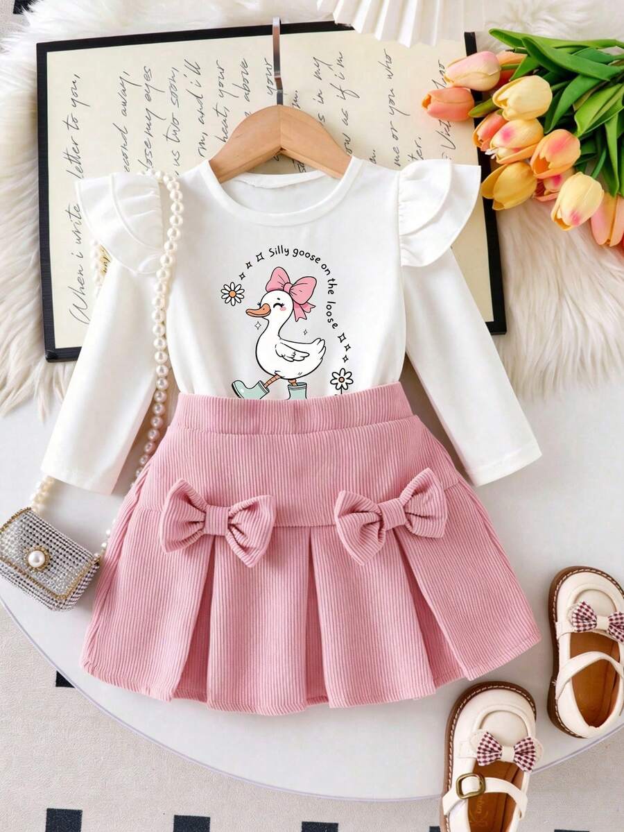 Baby Girl Cartoon Print Round Neck Long Sleeve Top And Skirt - White - View 1