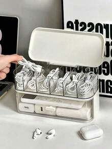 1 pieza Organizador de cables de escritorio, soporte de gestión de cables de carga de teléfono, enrollador de cables dividido, caja de almacenamiento de cables de alimentación - Blanco - Ver 6