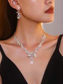 2pcs/Set Forest Style Main Gauze Alloy Rhinestone Vine Horse Eye Branch Leaf Double Water Drop Main Stone V-Neck Jewelry Set, Bridal White Gauze Strapless Dress Accessories, Women Necklace, Women Earrings, Women Accessories, Women Jewelry Set, Jewelry For Women - Multicolor - View 1