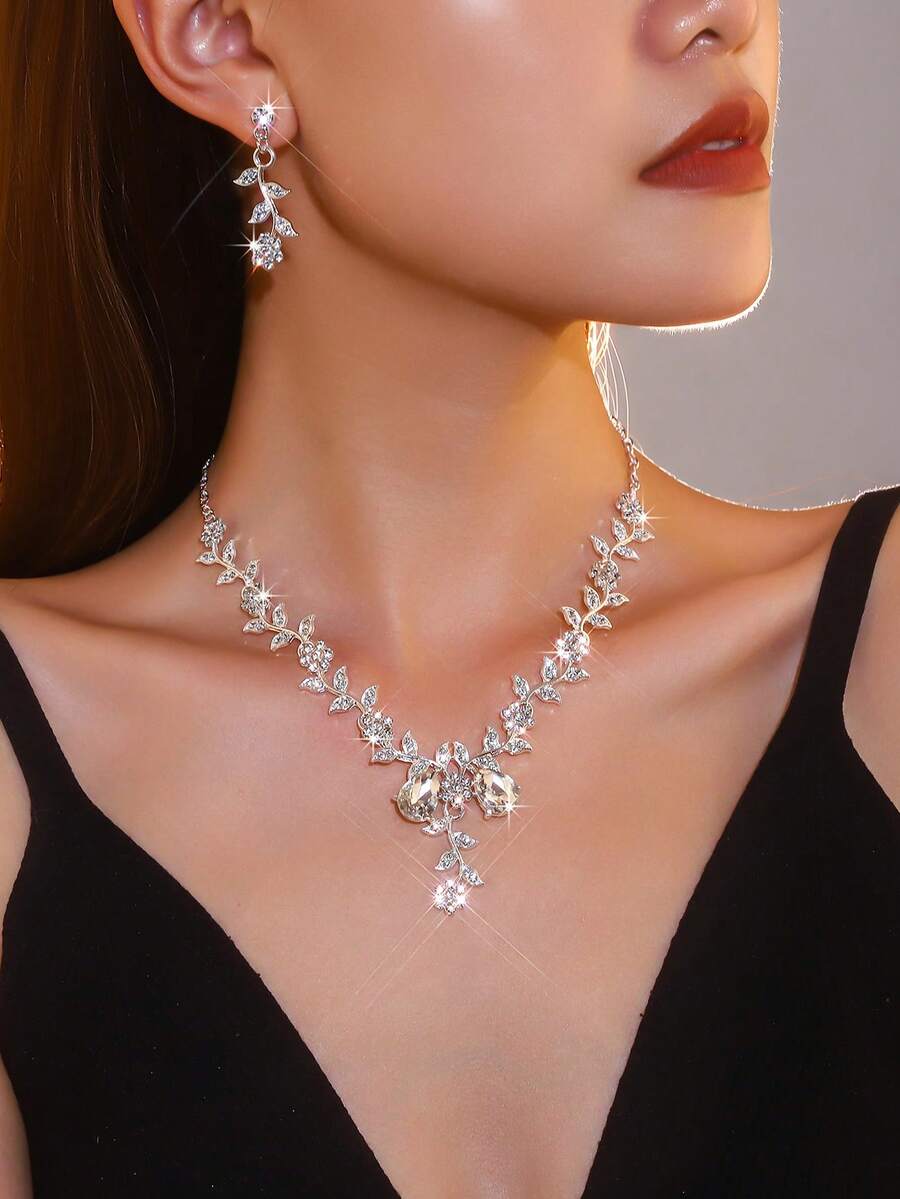 2pcs/Set Forest Style Main Gauze Alloy Rhinestone Vine Horse Eye Branch Leaf Double Water Drop Main Stone V-Neck Jewelry Set, Bridal White Gauze Strapless Dress Accessories, Women Necklace, Women Earrings, Women Accessories, Women Jewelry Set, Jewelry For Women - Multicolor - View 1