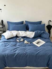 3Pcs Fashionable Dual-Tone Solid Color Duvet Cover Bedding Set, Soft And Breathable, Wrinkle-Resistant, Full Size (1 Duvet Cover + 2 Pillowcases, No Filling) Suitable For All Seasons, Soft And Comfortable, Ideal For Dorm Students, Home Bedroom Bedding, Guest Room Use, With Zipper Closure And Pillowcases, Multi-Color Soft And Durable, Extra Large Bedding, Extra Large Duvet Cover Set Suitable For Room Decor, Travel And Dorm (Boys/Girls) - Blue and White - View 7