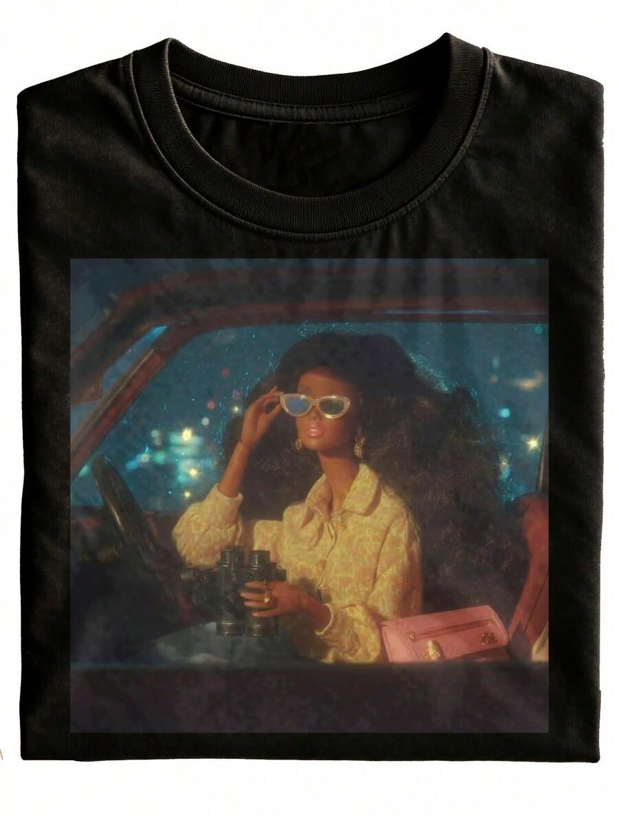 Cooles Mädchen-T-Shirt mit Auto-Fernglas- und Stilvoller-Brillen-Print, Unisex, Schwarz, Modische Streetwear, Geschenk für Frauen, Reine Mode-Freizeitkleidung, Geeignet für Feiertage und Festliche Anlässe, Über - Schwarz - Übersicht 1