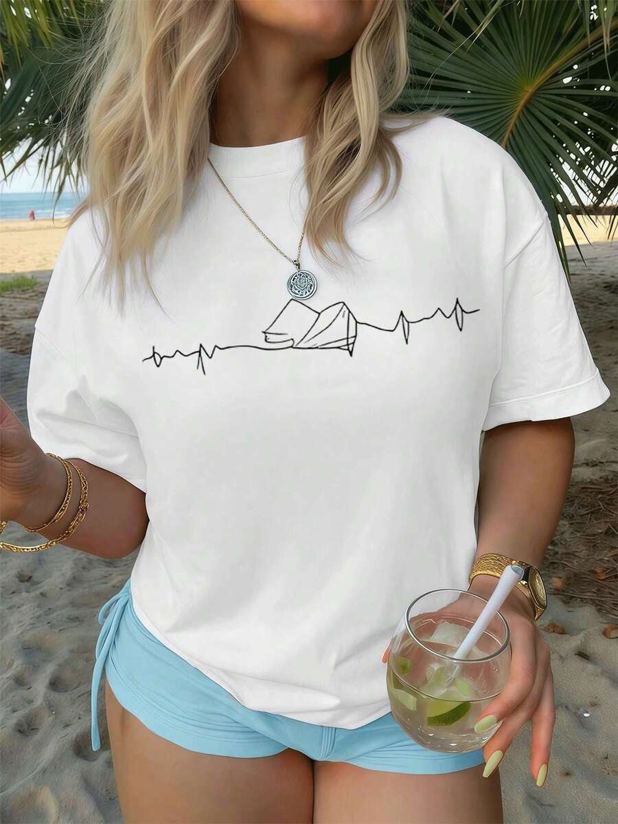 short sleevesCamiseta casual para mujer con estampado de latido de corazón, algodón premium, cuello redondo, corte holgado, cómoda, dise?o gráfico, nuevo lanzamiento.Leisure - Blanco - Ver 1