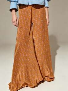 LuminousWealth Women's Bohemian Vacation Style Printed Wide Leg High Waist Casual Long Pants - Orange - View 9