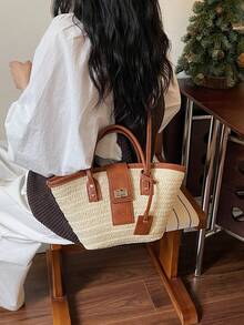 Neue modische Damen-Handtasche aus geflochtenem Stroh mit Metall-Drehverschluss: lässige Schultertasche für den Urlaub, große Strandtasche für den Sommer, für den Urlaub - Beige - Übersicht 4