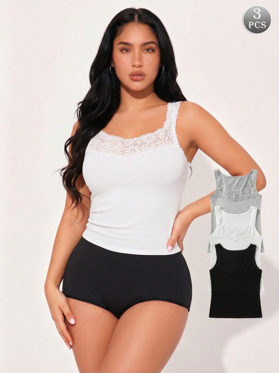 3pcs Lace Camisole Vest, Breathable Solid Color Tops For Women, Fashionable & Charming Sleeveless Fitted Camisole Tops, Sexy Camisole Vest - Multicolor - View 1