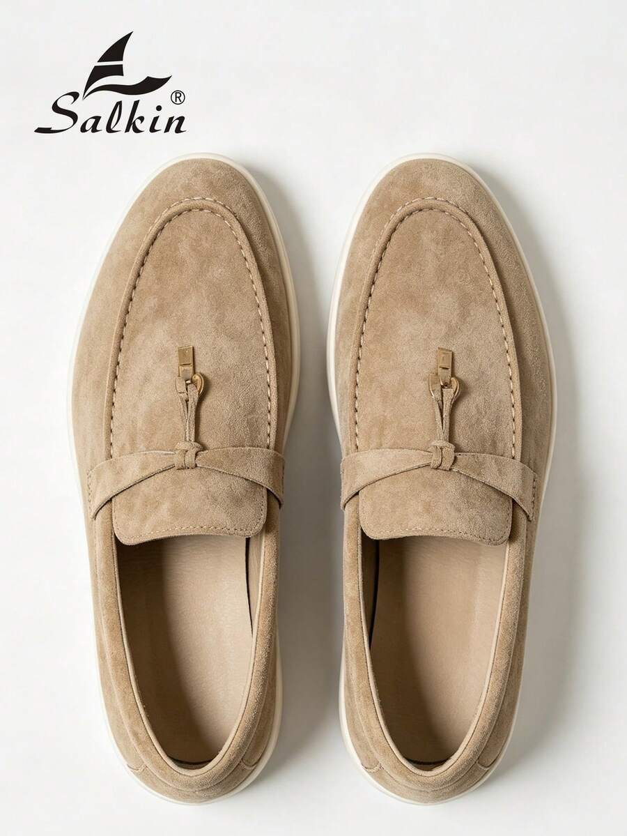 Salkin 經典設計男士莫卡辛鞋 素色麂皮奶油色 男鞋 一腳蹬 流蘇樂福鞋 男士日常休閒鞋 開車友善 平底鞋 情侶約會浪漫晚餐返校學生鞋 校園風,請選擇大一號 - 米色 - 查看 1