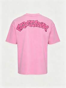 Geripptes, farblich abgesetztes Herren-T-Shirt aus 100% Baumwolle mit markantem Schneeflocken-Stil-Schriftzug-Muster und Taschendesign - Hellrosa - Übersicht 8