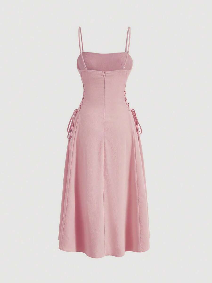 MOD Long Red Evening Dress With Pleats At The Bust And Lacing At The Sides, Summer Dresses For Women - Merah terang - View 1