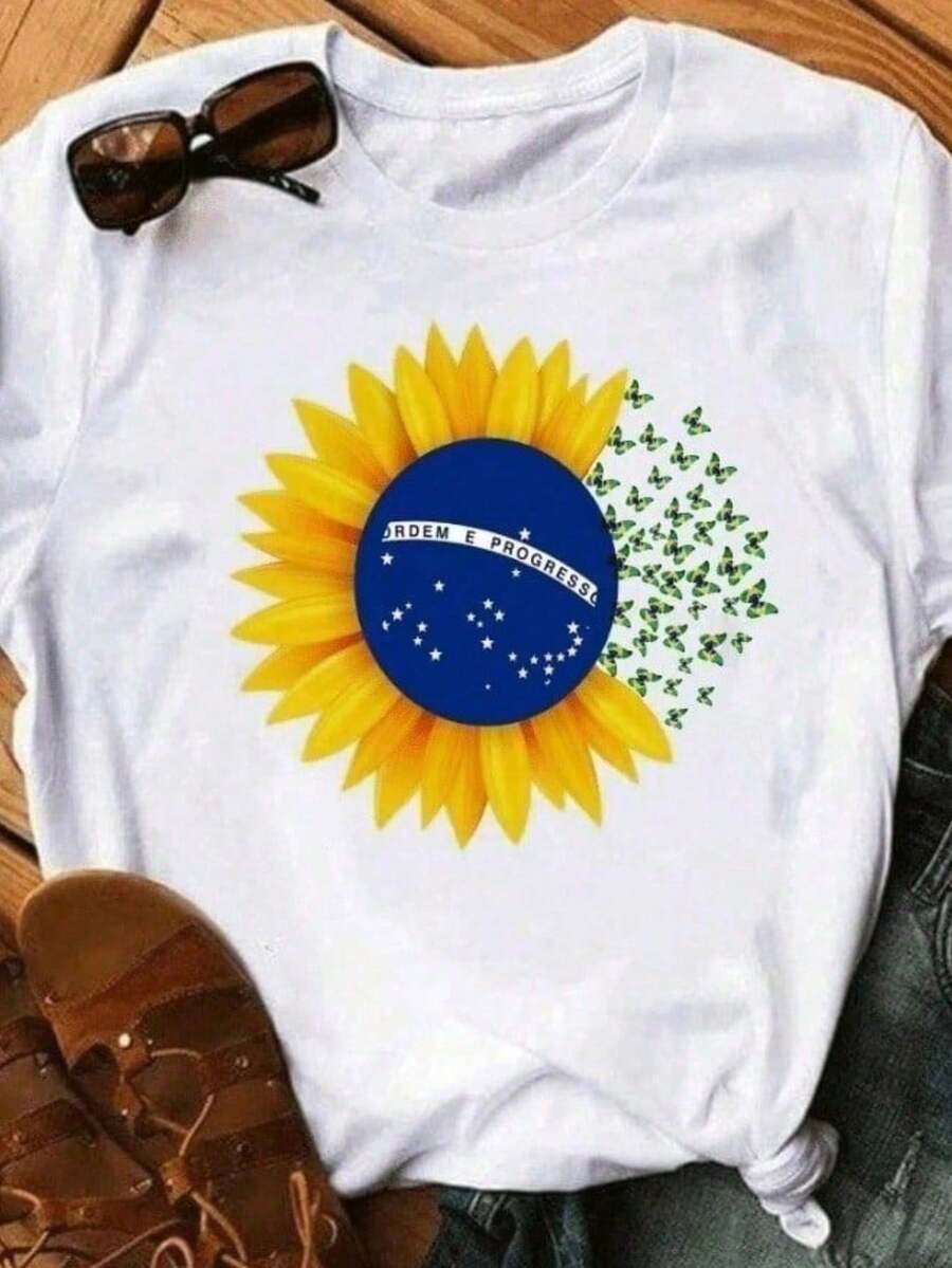 Women's T-Shirt Blouse For The 2026 Brazil Cup With Sunflowers And Butterflies, Stylish, 100% - 白色 - 查看 1