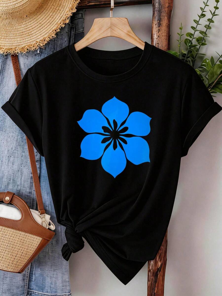 Women's Clothing: Women's T-Shirt, 100% Cotton, Round Neck, Blue Floral Print, Minimalist Style, Loose Fit. | Women's Tops - 黑色 - 查看 1
