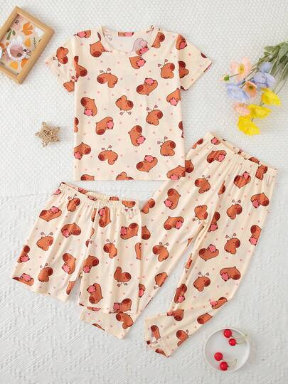 Bộ 3 món đồ ngủ bé gái gồm áo thun tay ngắn, quần short và quần dài, họa tiết hoạt hình dễ thương, mỏng nhẹ, phong cách thường ngày đa năng cho mùa xuân và mùa hè, phù hợp cho trẻ 4-12 tuổi