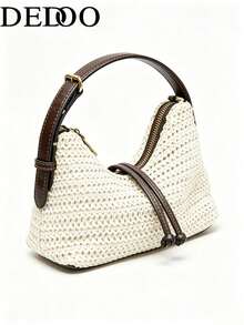 Dedoo Woven Handbag, Solid Color Pattern, Drawstring Design, Lightweight Large Capacity Bag, Bohemian Vacation Style, Beach Travel Summer Women's - Beige - View 7