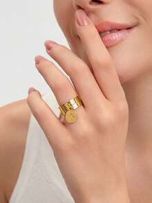 Ashenrae 1pc Niche Fashionable Star-Shaped Inlaid Adjustable Open Ring - Yellow Gold - View 1
