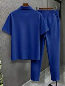 Men's Plus Size 2-Piece Set, Summer Short Sleeve Top And Pants, Men's Plus Size Solid Color T-Shirt Set - Blue - View 3