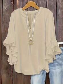 Size - Size - Women's Blouse With Ruffles And Three-Quarter Sleeves, Solid Color, Casual Loose Fashion, V-Neck, For Business - 杏色 - 查看 1