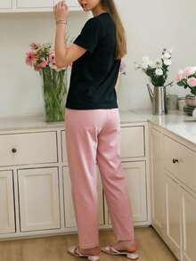 Black Cartoon Print Short Sleeve Top & Long Pants 2pcs Pajama Set For Women - Black - View 5