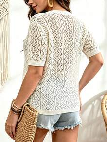Plus Size Solid Color Casual Fashion Round Neck Hollow Out Button Knit Cardigan Summer - Apricot - View 4