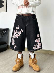 1pc Justice Brother Korean Streetwear Graphic Print Black Denim Casual Loose Fit Shorts, Mid-Length (Belt And Accessories Not Included) - Black - View 5
