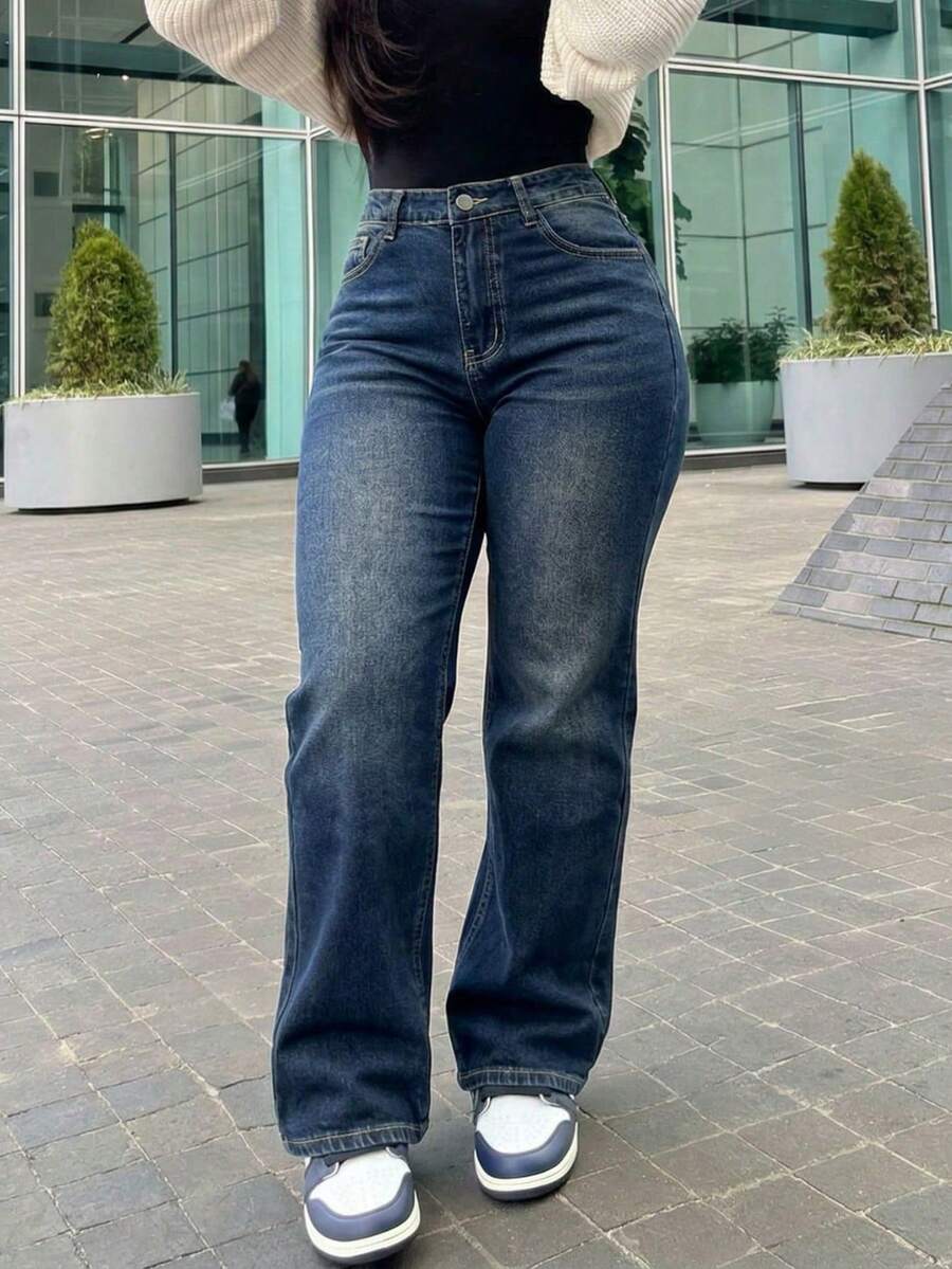 Women's Vintage-Style Wide-Leg Straight-Leg Jeans, Casual For Spring - 中等水洗藍 - 查看 1