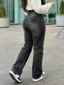 Women's Vintage-Style Wide-Leg Straight-Leg Jeans, Casual For Spring - 深灰色 - 查看 1