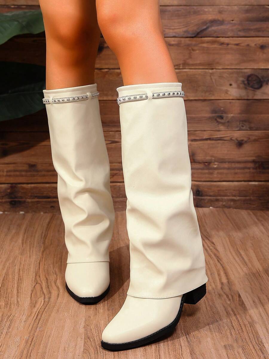 Autumn/Winter New Women's Fold-Over Slip-On Pant-Leg Boots, Leather Upper, Comfortable Pointed Toe, Thick Heel, Fashionable Rhinestone Decor, Plus Size, Slimming, Gentle Style, Beige Boots Suitable For Daily Wear And Holiday Atmosphere - Beige - View 1