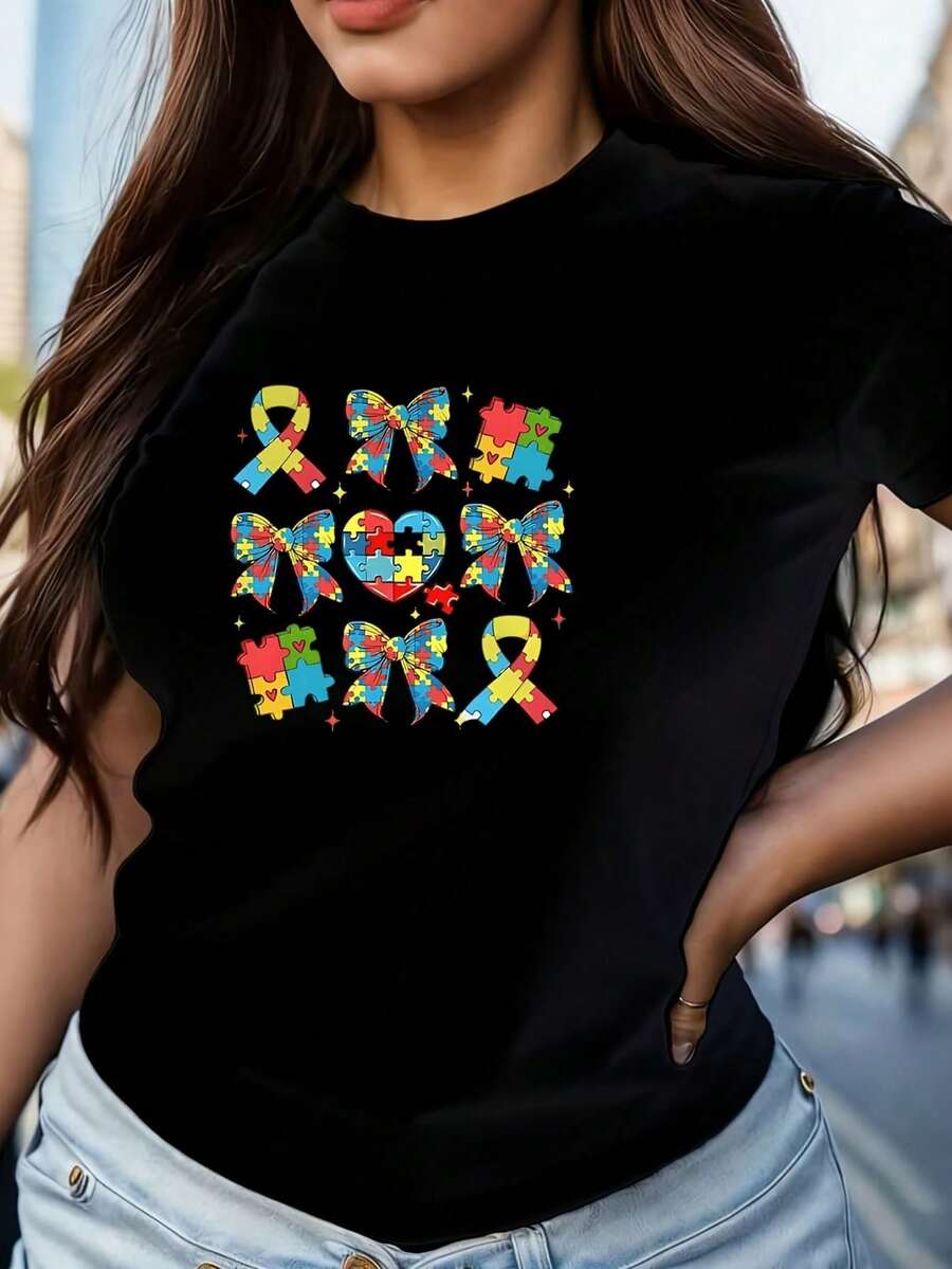 Camiseta de manga corta de talla grande para mujer con diseño de lazo estilo Coquette , cuello redondo, estilo novedoso, informal, divertida, con estampado gráfico, 100% poliéster, 1 p - Negro - Ver 1
