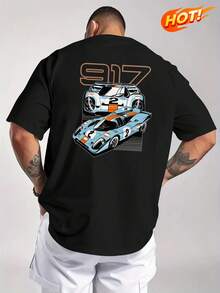 Camiseta de manga corta para hombre, modelo 917, con estampado de espalda de carreras, estilo casual, versátil, elástica y de cuello redondo. - Negro - Ver 1