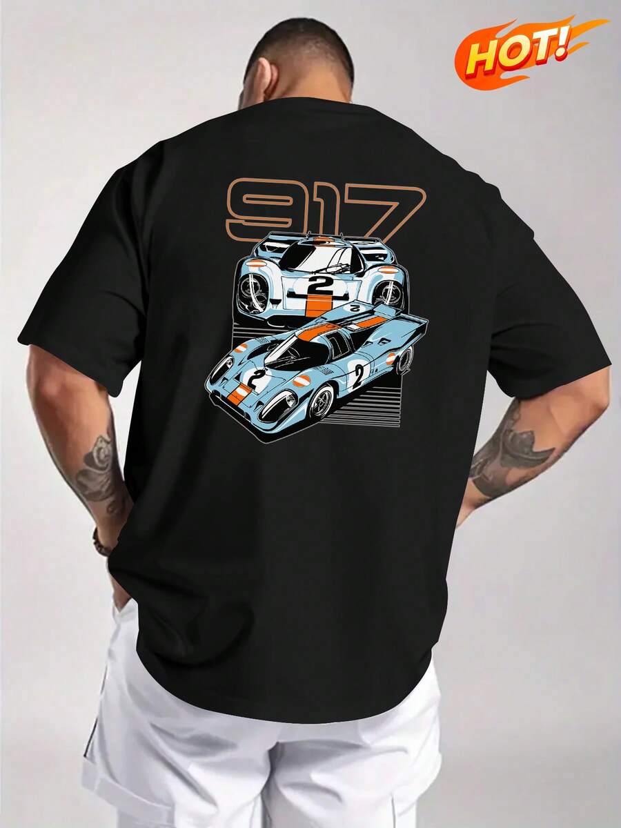Camiseta de manga corta para hombre, modelo 917, con estampado de espalda de carreras, estilo casual, versátil, elástica y de cuello redondo. - Negro - Ver 1