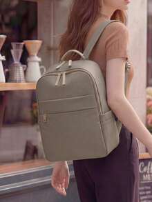 Women's Nylon Solid Color Quilted Large Capacity Versatile Backpack, Simple Casual Student Bag, Storage Travel Bag, Commuter Bag - Khaki - View 3