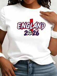 Fashionable Casual Women's Round Neck T-Shirt, Personalized And Exclusive For Fans Of The ENGLAND 2026 Graffiti Font, Soft And Comfortable, Basic Style - White - View 1