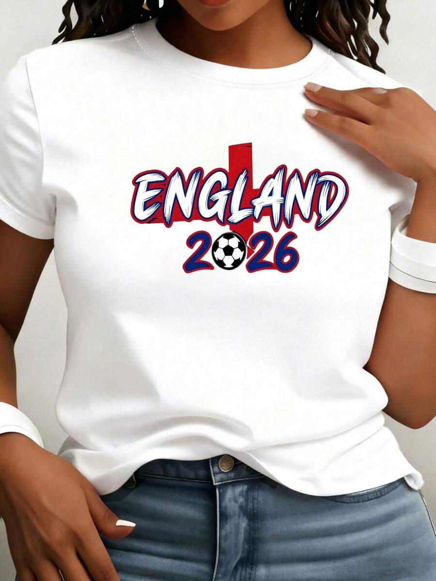 Fashionable Casual Women's Round Neck T-Shirt, Personalized And Exclusive For Fans Of The ENGLAND 2026 Graffiti Font, Soft And Comfortable, Basic Style - White - View 1