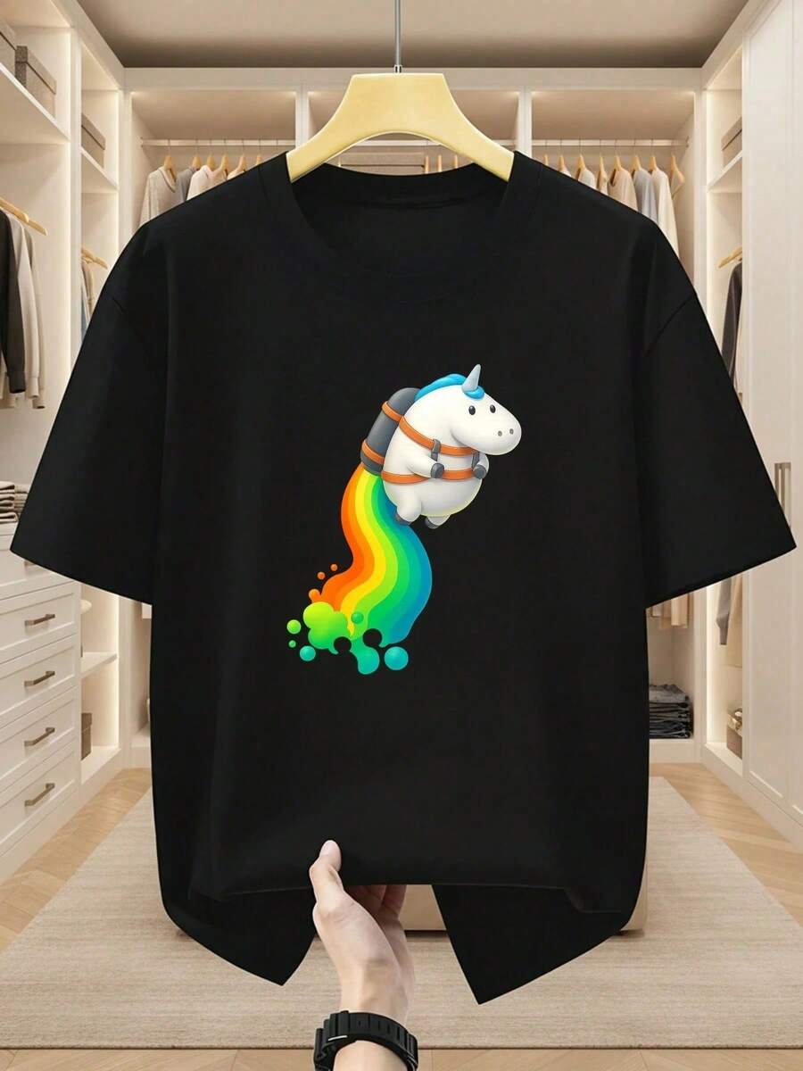 Camiseta de manga corta con cuello redondo para hombre de talla grande, 100% algodón, con estampado de unicornio de dibujos animados llevando una moch - Svart - Visa 1