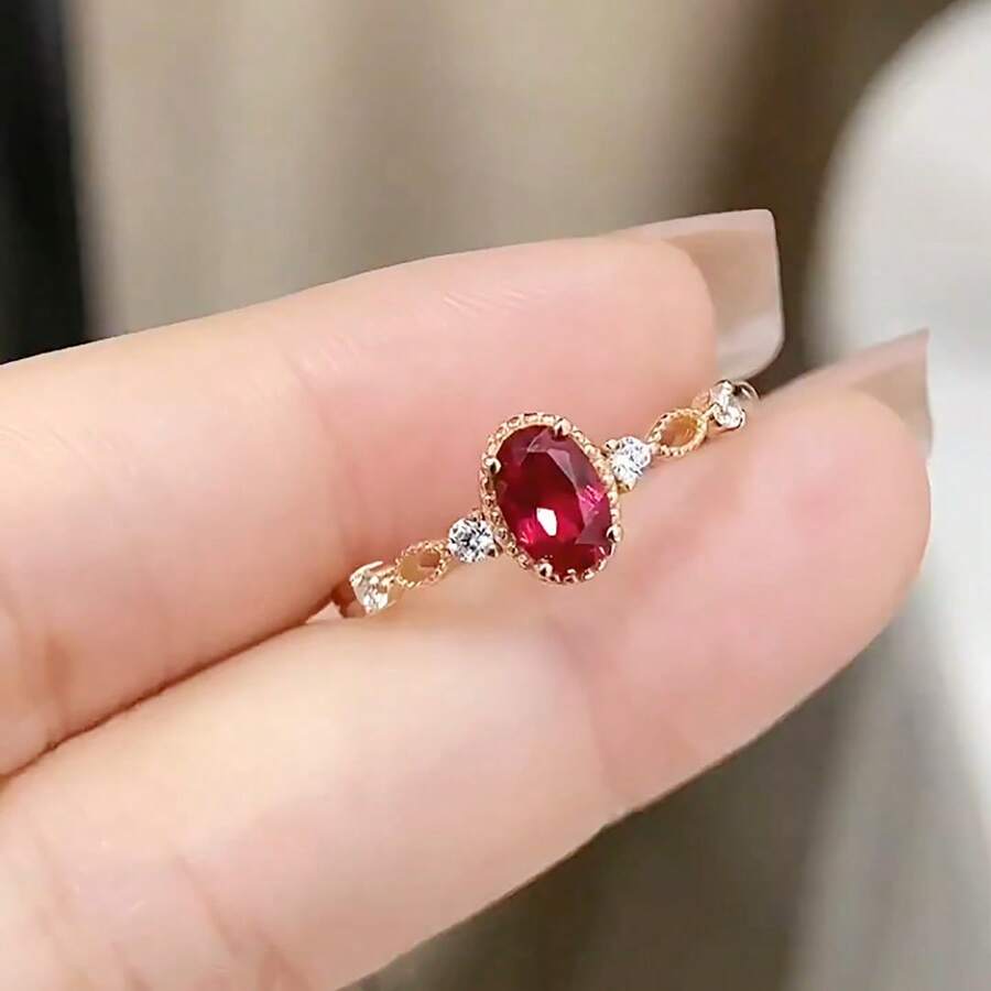 1件法式復古優雅奢華極簡高端立方氧化鋯橢圓形開口戒指,適合女性日常配戴 - 金色 - 查看 1