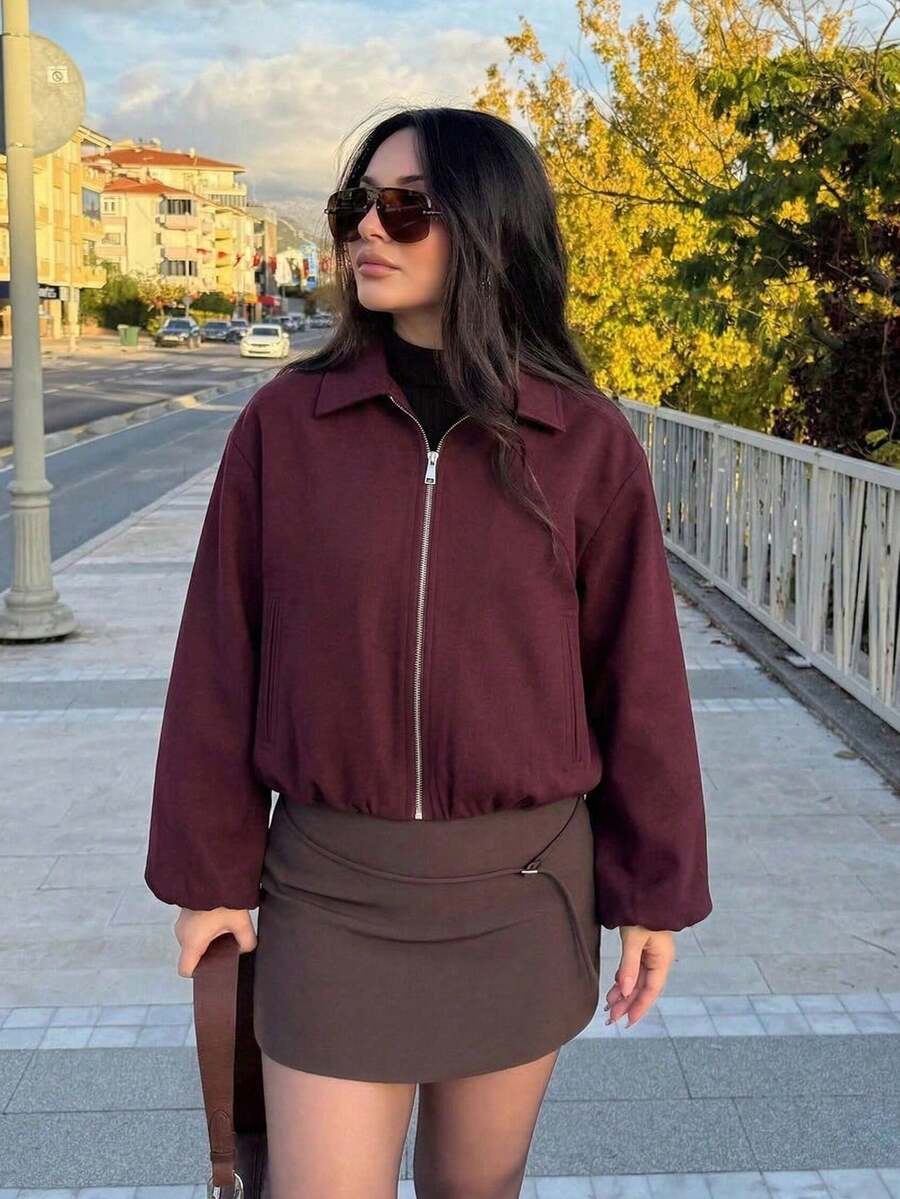 Chaqueta con bolsillo con cremallera para mujer en color burdeos - Abrigo casual de solapa holgada para primavera y otoño - Azul marino - Ver 1