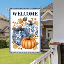 1 Decorative Flag With Blue And White Pumpkin Theme, Suitable For Autumn Use, Size 12*18 Inches. This Double-Sided Garden Flag Is Perfect For Yard Decor And Outdoor Use, Sold As Flag Only. - Garden Flag - View 3
