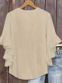 Size - Size - Women's Blouse With Ruffles And Three-Quarter Sleeves, Solid Color, Casual Loose Fashion, V-Neck, For Business - 杏色 - 查看 11