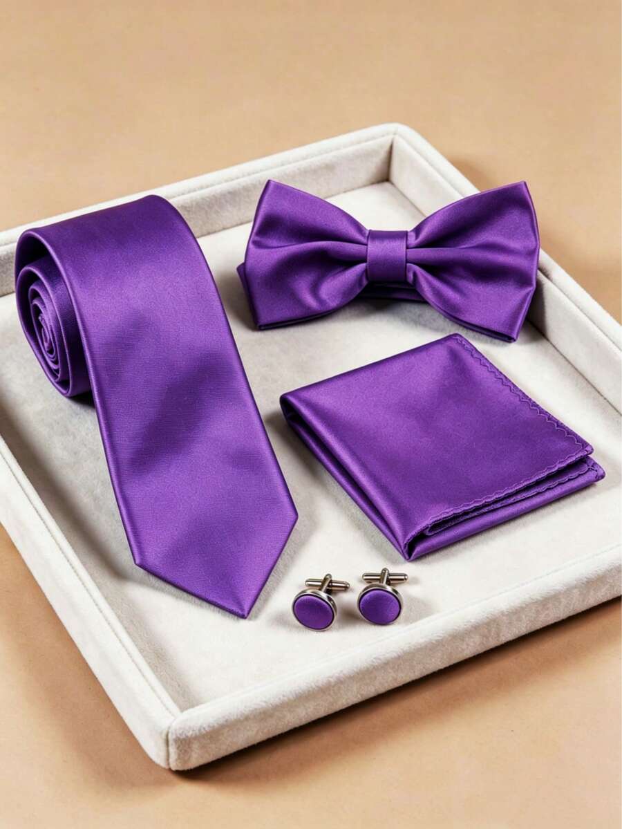 Set Dasi Pria 4 Buah, Modis, Serbaguna, Warna Polos, Terbuat dari Poliester, Terdiri dari Dasi Kupu-kupu, Sapu Tangan Saku, dan Manset, Cocok untuk Pernikahan, Perayaan, dan Pemakaian Sehari-hari - Purple - View 1