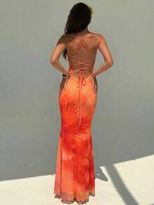 Elegant Women's Dress With Floral Print And Open Back, Summer Clothes, Beach Outfits For Women, Beach Vacation Clothes, Party Outfits, Bridesmaids - 珊瑚橙 - 查看 2