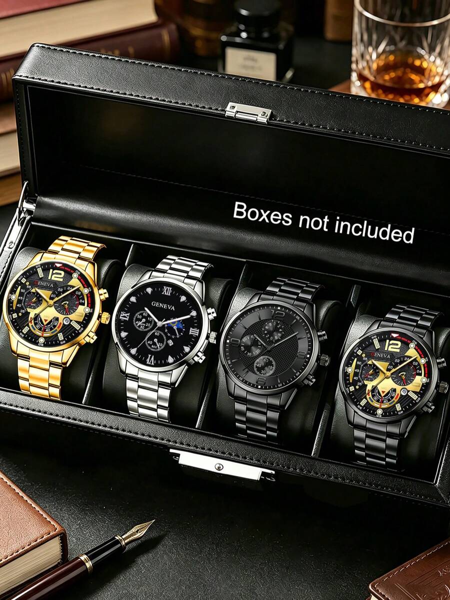 4pcs Set, Men's Round Dial Quartz Watch, Alloy Case & Strap, Pointer Display, Suitable For Various Occasions, Versatile Matching, Fashionable & Versatile, Perfect Gift For Father/Brother/Boyfriend - Multicolor - View 1